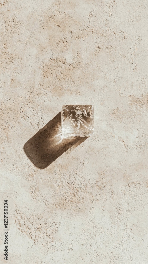 Poster clear ice cube with reflection on textured beige surface