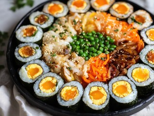 A beautifully presented sushi platter filled with colorful and nutritious ingredients, including a variety of sushi rolls.