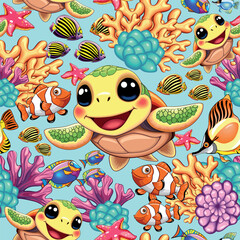 Sea Turtle Cute and Happy Baby Sea Animal on Summer Underwater with tropical fishes and Corals vector Seamless Textile Pattern