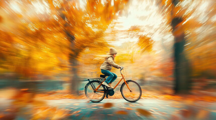 Child Riding a Colorful Bicycle Through a Park During Autumn, Surrounded by Blurred Falling Leaves and Golden Trees in the Background, Capturing a Joyful Seasonal Moment