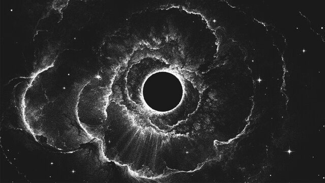Fototapeta Amazing huge massive black hole surrounded by a cosmic nebula. Gravitational pull of the universe in a cosmic cloud storm of light and shadows. Dotwork. Pointillism. Dots shading. Vector illustration