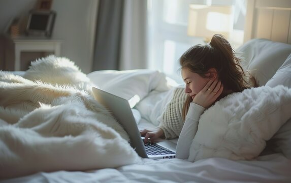 Young woman working on laptop lying in bed. Good enough, low expectations concept. Adequacy, moderate content, sufficient, average, acceptable, decent, fair, minimal, mediocre, ordinary lifestyle