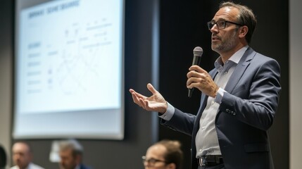 Businessman presenting with a microphone and projector in a conference room, explaining diagrams and charts to the audience