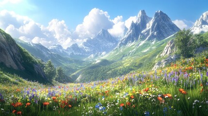 Mountain Meadow Wildflower Bloom Under Sunny Skies