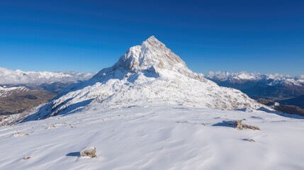 Snow-capped peak, Alpine landscape, winter sun, mountain range background, travel poster