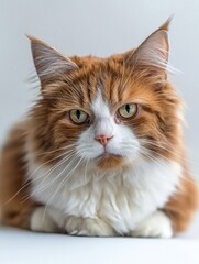 An orange and white cat with long fur looking at the camera with a focused expression.