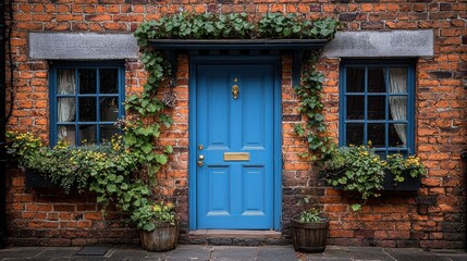 Naklejka premium Charming Blue Doorway on a Brick House