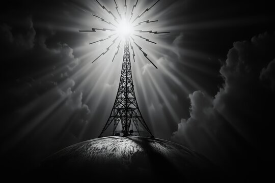 Monochrome Radio Tower: A Dramatic Silhouette Against a Celestial Sky.  A powerful image symbolizing communication, technology, and broadcast transmission.