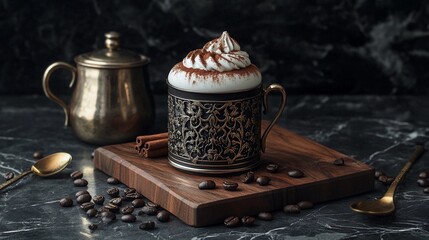 Coffee presentation in an ornate metallic mug with whipped cream topping, cinnamon sticks, coffee beans, and vintage spoons on a wooden board