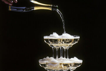Champagne pouring into a cascading champagne tower of coupe glasses against black background with copy space