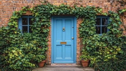 Charming Blue Door with Ivy Covered Brick House