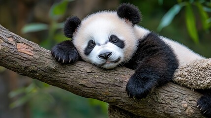 Sleeping Panda Cub on Branch, Lush Forest Background, Wildlife Conservation