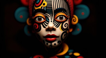 Colorful artistic sculpture with intricate patterns and vibrant facial features
