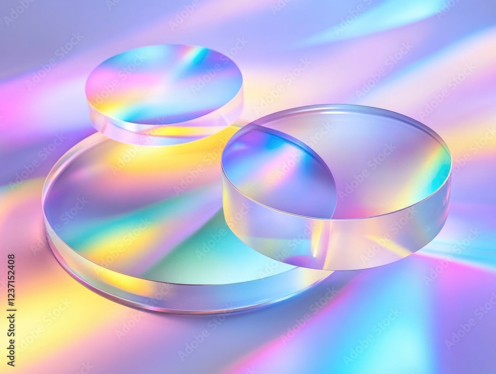 Aufkleber three rainbow rings of different sizes on a reflective surface with colorful lights in the backgroun