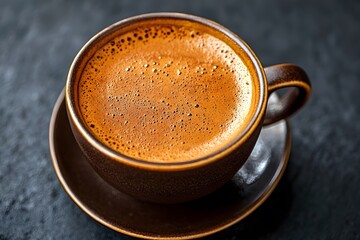 Aromatic Espresso Coffee in Brown Cup Close Up View Dark Background