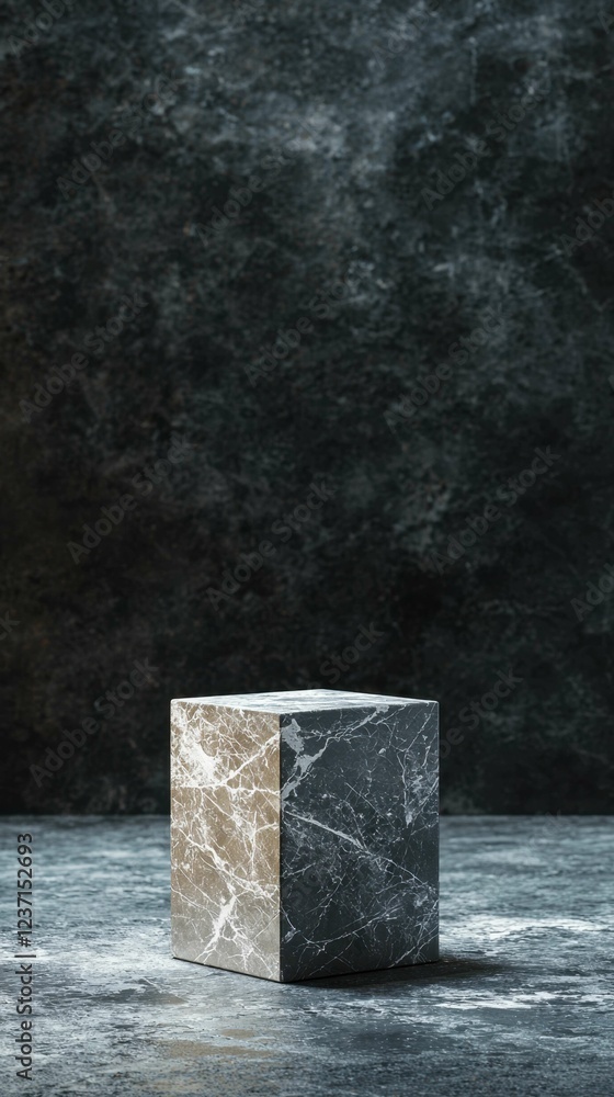Poster elegant marble cube on dark background with textured surface