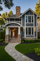 Luxury Craftsman Style Home Exterior: Stunning Gray Facade, Stonework, and Landscaped Yard