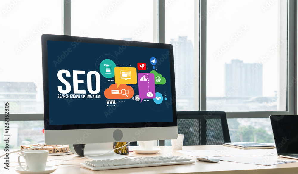 Poster seo search engine optimization for modish e-commerce and online retail business showing on computer 
