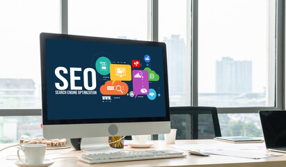 SEO search engine optimization for modish e-commerce and online retail business showing on computer...