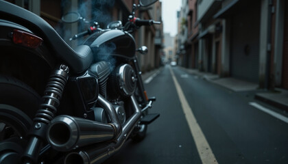 Fototapeta premium Close-up of motorcycle exhaust pipe releasing smoke in urban alley, pollution