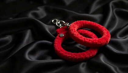Fototapeta premium Luxurious red furry handcuffs on black silk fabric, playful elegance