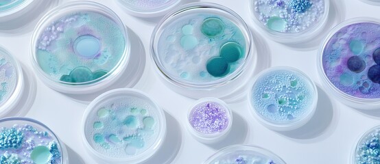 Petri dishes showcasing diverse microbial cultures and patterns. AI generated image