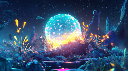 Obraz premium A glowing futuristic storytelling device animating vibrant, dynamic tales with hyper-detailed characters in radiant settings.