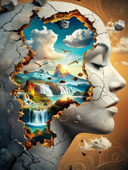 Surreal Portrait: Inner World Landscape Within Stone Face Artistic Concept