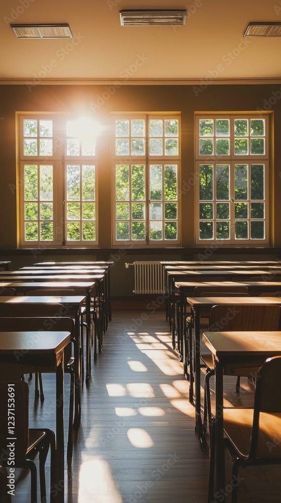 Poster sunlight streaming through windows in an empty classroom setting