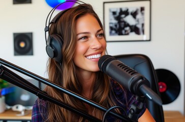 Smiling Woman Podcaster in a Recording Studio:  A Close-up Portrait of a Female Host Broadcasting a Podcast with Professional Audio Equipment