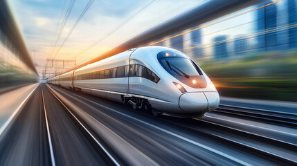 Fototapeta premium High-speed train traveling dynamically through an urban landscape at sunset, showcasing technology and efficiency in motion. Generative AI