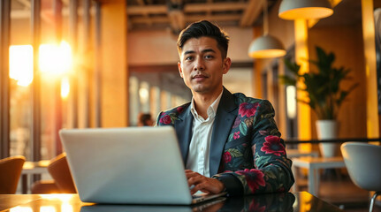 young Filipino/ asian man working on laptop in a modern office wearing a fancy suit. remote worker / digital nomad in coworking office 