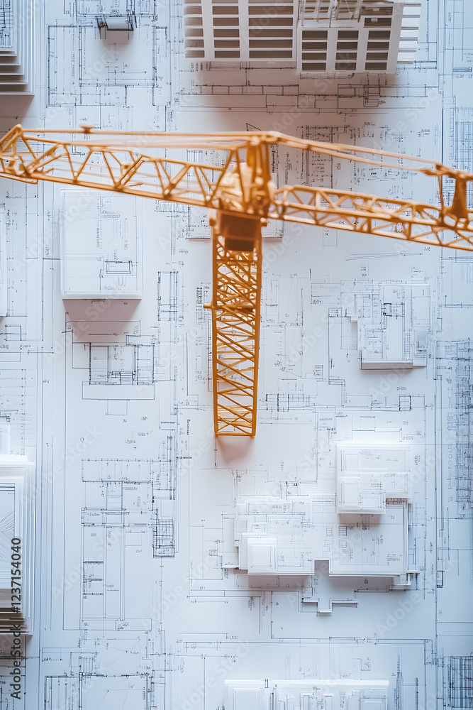 Poster overhead view of a construction site with a crane and white models of buildings on blueprints -