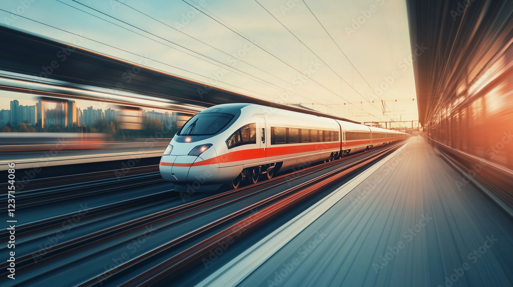 Poster High-speed train gliding through a cityscape at sunset with motion blur highlighting its speed and efficiency. Generative AI