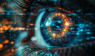 close up iris human eye with technological improvement, Futuristic cyborg eye with digital interface 