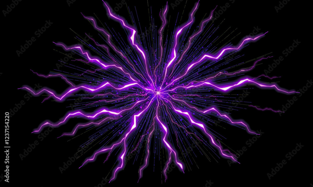 Poster vibrant display of purple lightning bolts radiating outward, creating dynamic and energetic visual e