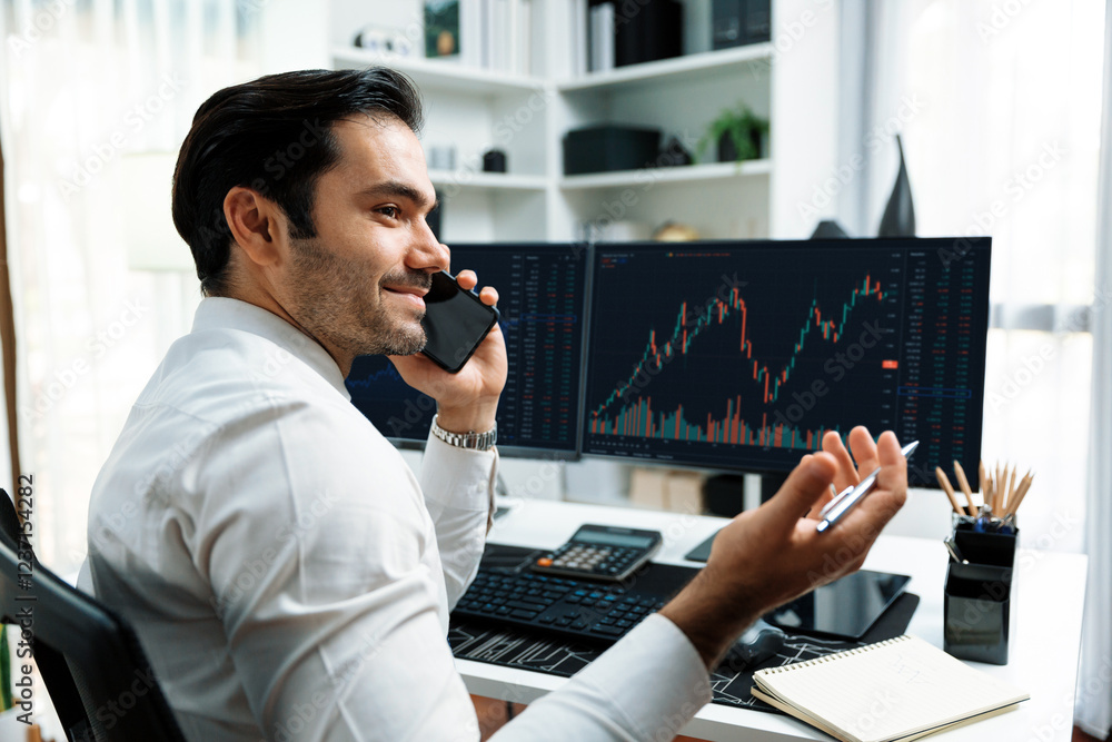 Aufkleber trader businessman calling to consultant or partner with two stock exchange investment, compare data