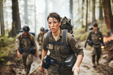 Fototapeta premium Woman Firefighters are actively combating a wildfire in a lush forest, navigating through thick smoke and rugged terrain to protect the area