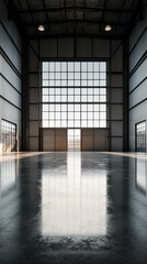 Fototapeta premium Spacious Industrial Warehouse Interior with Large Windows and Reflection