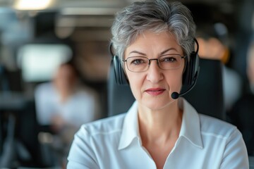 A professional woman wearing a headset engages with customers, utilizing AI powered chatbots to enhance service efficiency in a busy office