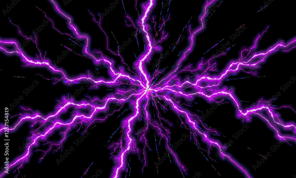 Poster vibrant purple lightning bolts radiate from central point, creating dynamic and electrifying visual 