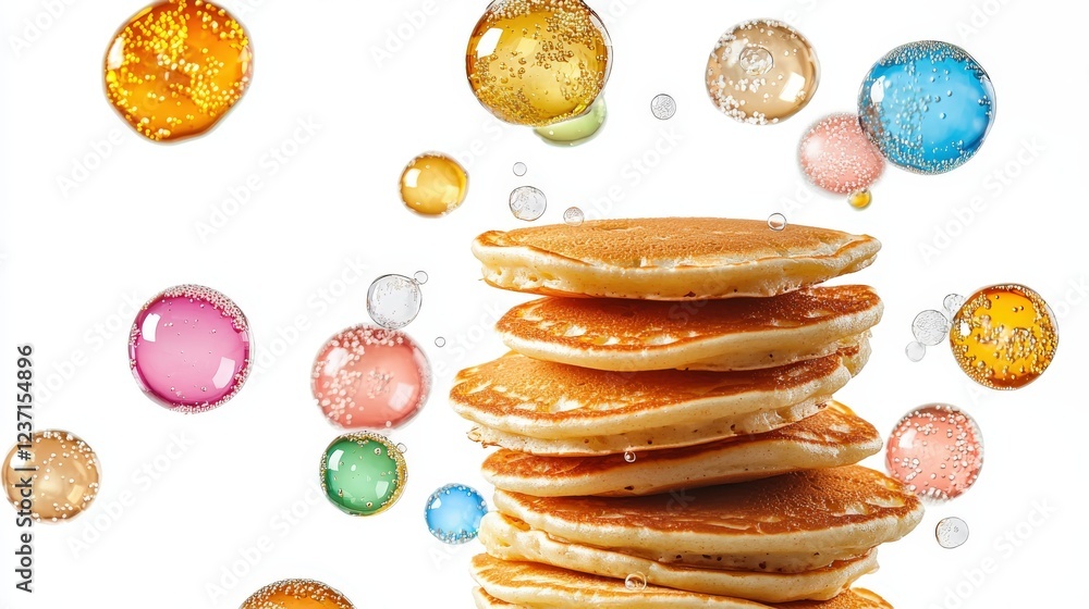 Poster stack of pancakes floating in the air surrounded by colorful bubbles captivating breakfast delight