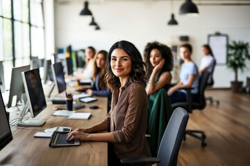 Obraz premium A diverse group works together in a well-lit office, exchanging ideas and producing engaging content for radio documentary projects
