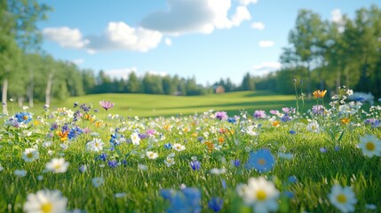 Sunny meadow wildflowers, green field, summer day, idyllic nature scene