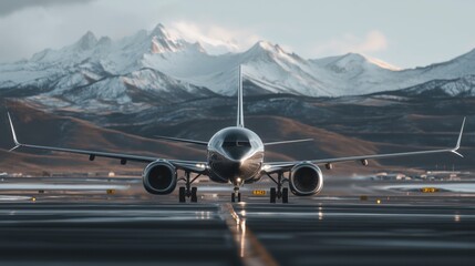 Airplane preparing for takeoff at a mountain airport under clear skies in late afternoon