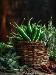 A basket of fresh chili peppers on a wooden table, with additional spice garnishes.