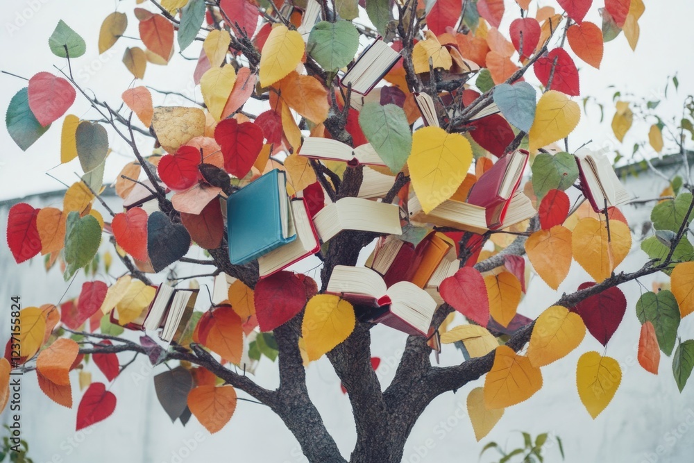 Aufkleber a tree with many books hanging from its branches. the books are of different sizes and colors, and t