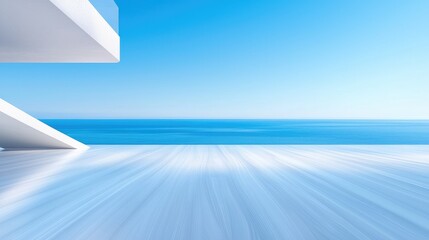 Modern balcony overlooking ocean; calm blue sea; sunny day; real estate