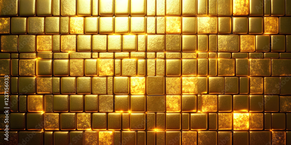 Poster a close-up view of a gleaming golden tiled surface, each square reflecting light and creating a mesm