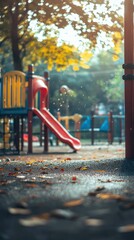 Colorful Playground Slide Surrounded by Autumn Leaves and Sunlight